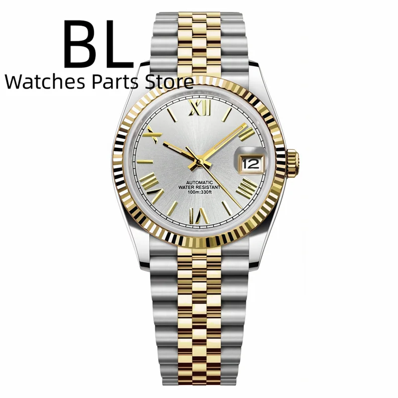 BLIGER 36mm39mm Two-tone Rose Gold Black Dial Watch For Men Date Fluted Bezel Sapphire Glass Rose Roman Index Jubille Bracelet