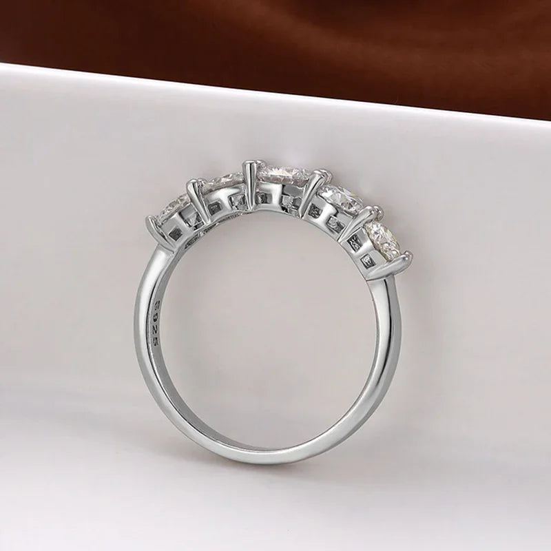 EWYA Real 5-Stone 2.2cttw Full D Color Moissanite Ring for Women Girls S925 Silver Plated 18K Pass Diamond Test Rings Band Gift