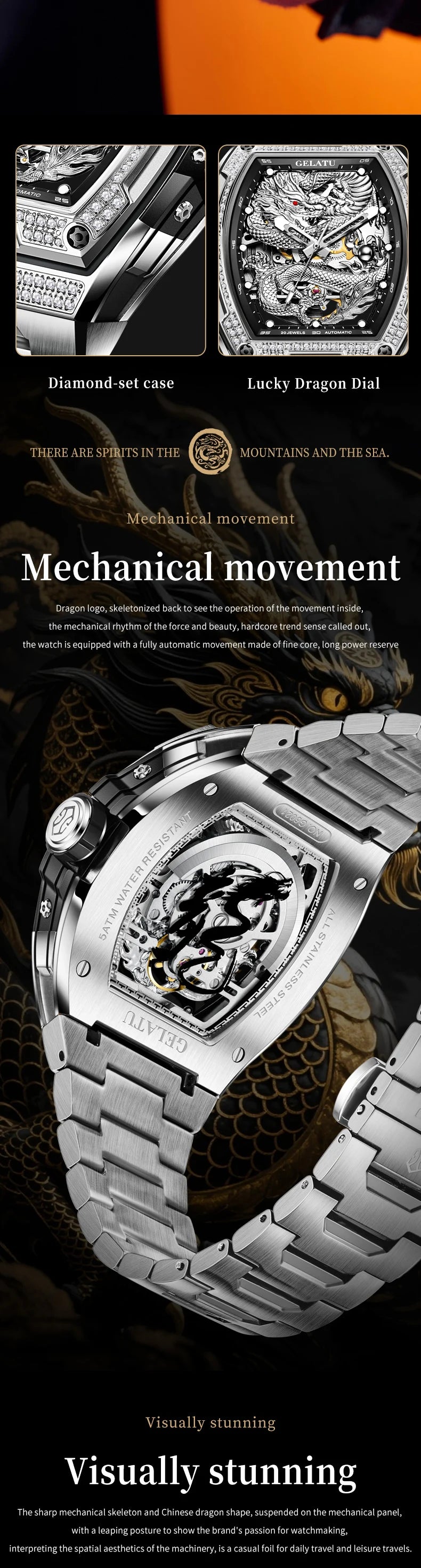 GELATU 6021 Men's Watch Fashion Automatic Mechanical Watch For Men Hollow Waterproof Luminous Dragon Dial Luxury Man Wristwatch
