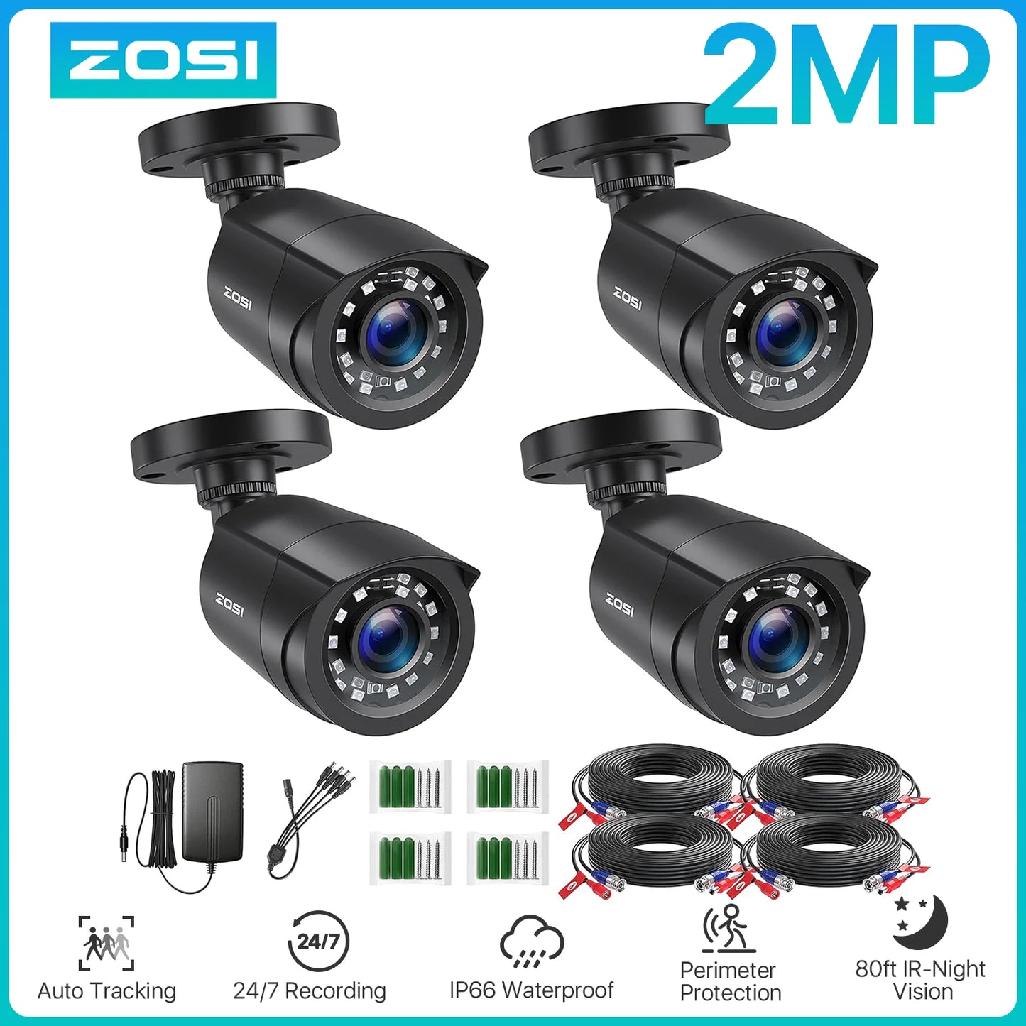 ZOSI 4 Stück/Los 1080p HD-TVI CCTV Überwachungskamera, 24m Nachtsicht, wetterfestes Outdoor Überwachungskamera-Set