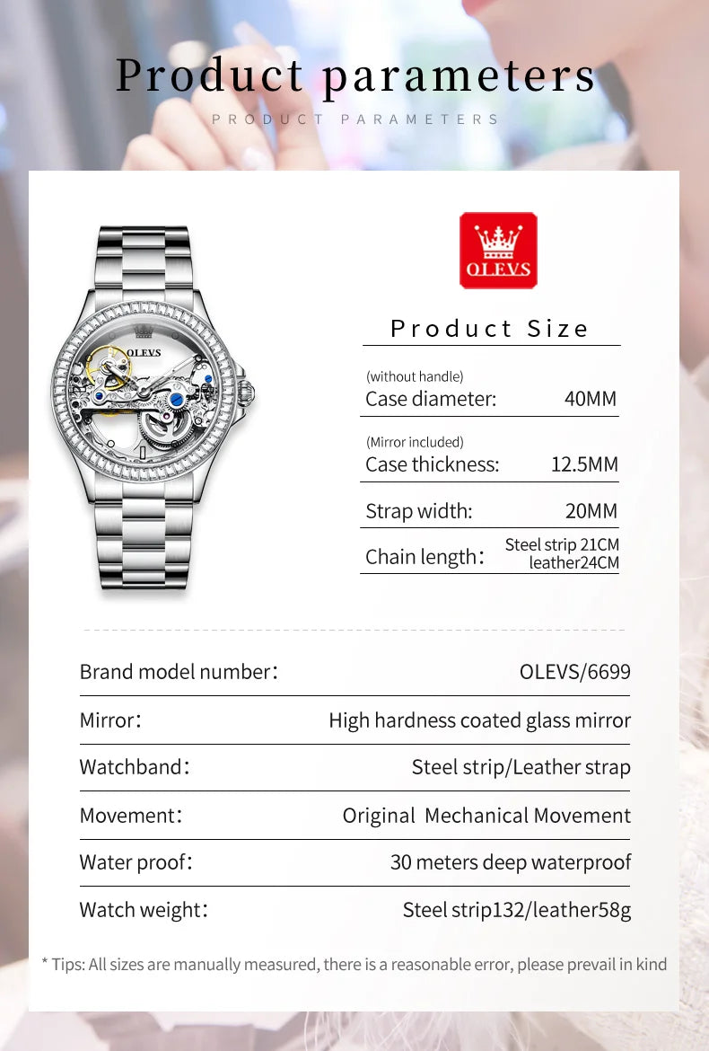 OLEVS Fully Hollow Watch for Women Automatic Mechanical Women's Watches Luminous Luxury Stainless Steel Diamond Inlay Wristwatch