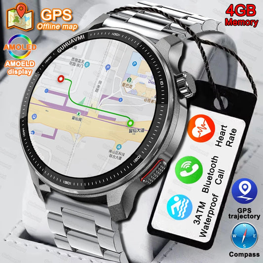 Smart watch Men4GB Memory With GPS Offline Maps Music Video Player Custom dial AMOLED display Sports Swim Waterproof Smart watch