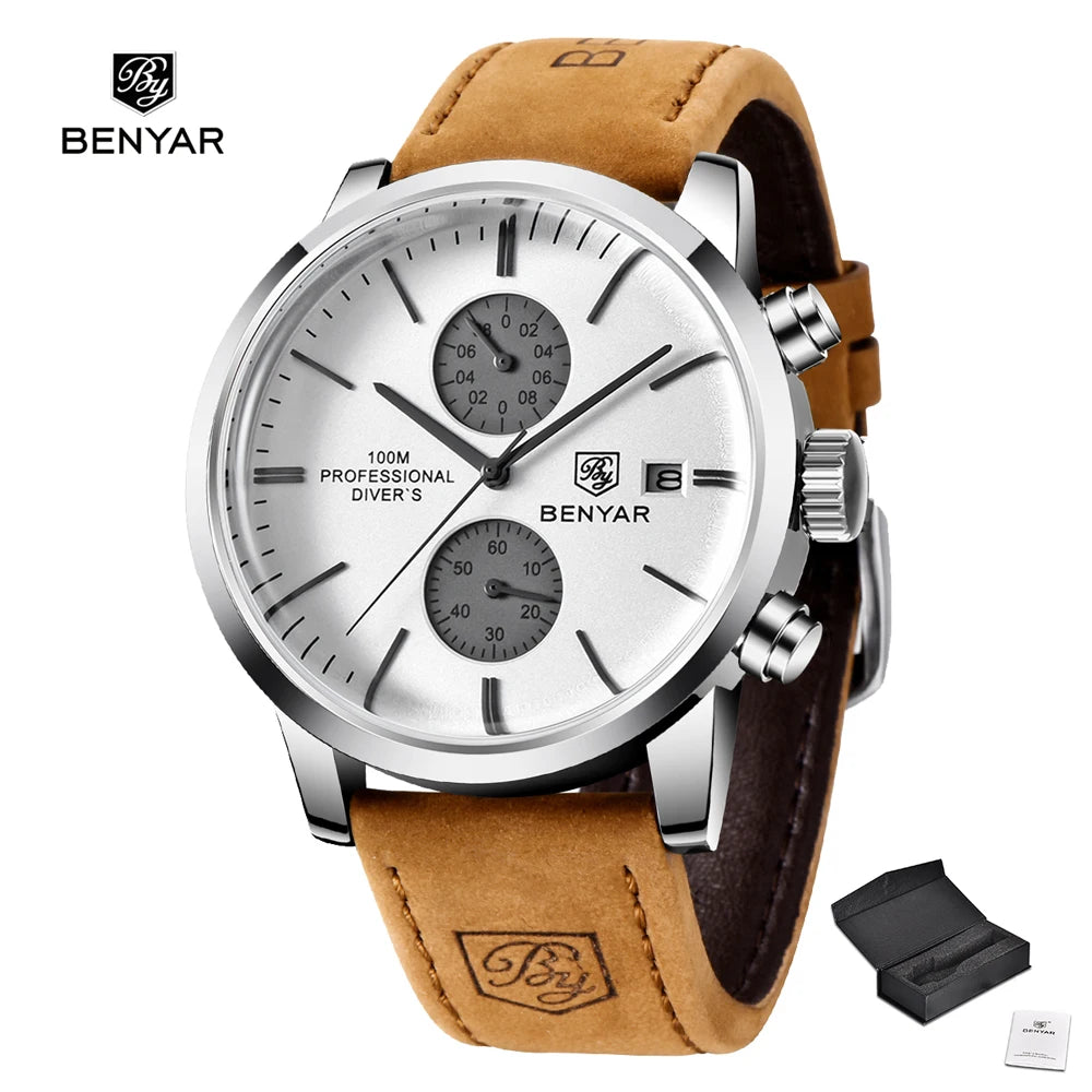 BENYAR Men Quartz Wristwatches Luxury Brand Chronograph Leather Sports Watch For Men Military 100M Waterproof Reloj Hombre 2023