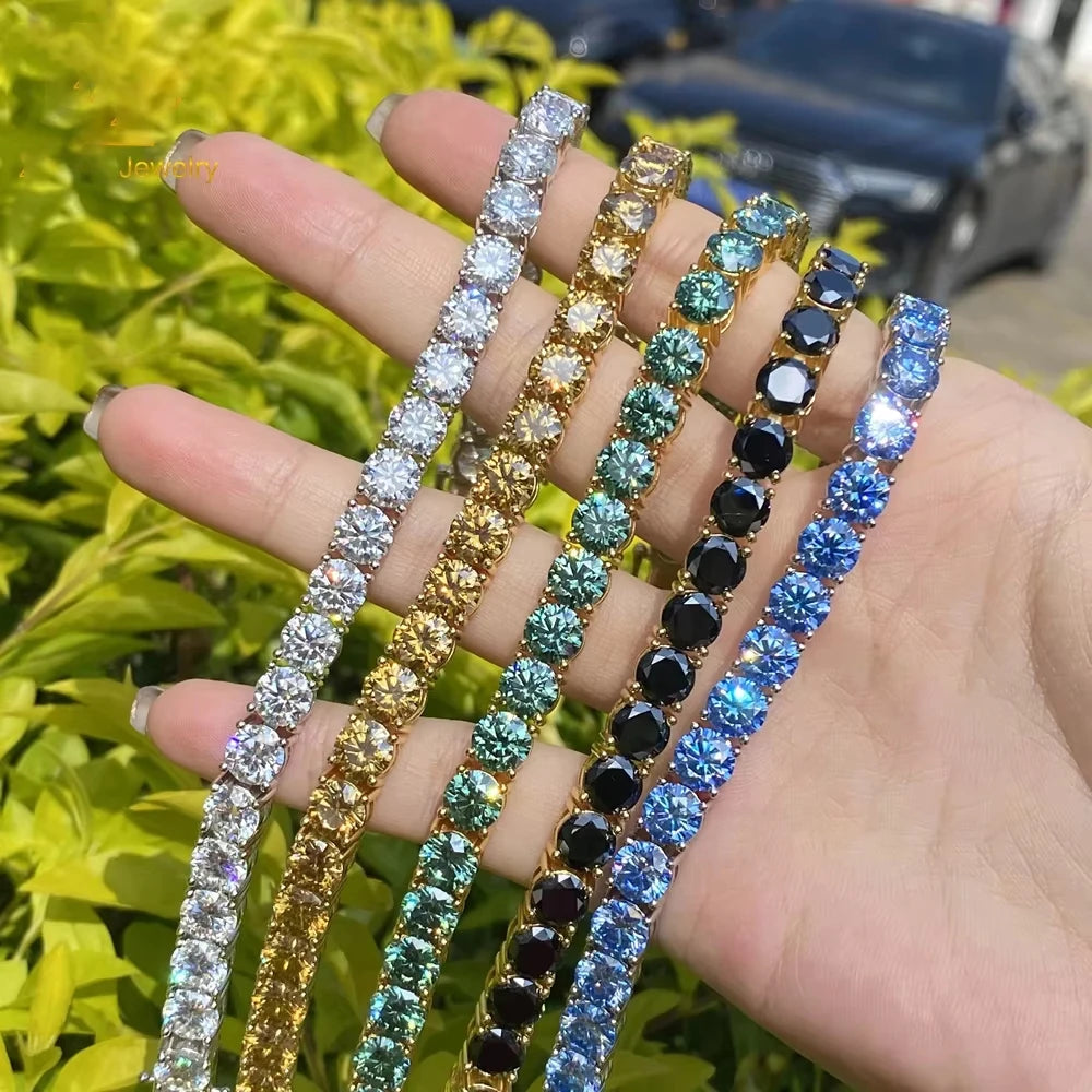 3MM Pink Full Moissanite Tennis HipHop Blue Green Yellow Purple Bracelet S925 Sliver Plated White Gold Bracelet for Women Men