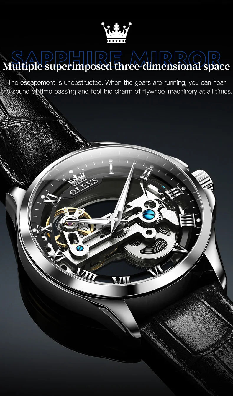 OLEVS Trend Fashion Men's Watches Casual Leather Strap Hollow Out Self-winding Movement Original Automatic Mechanical Wristwatch