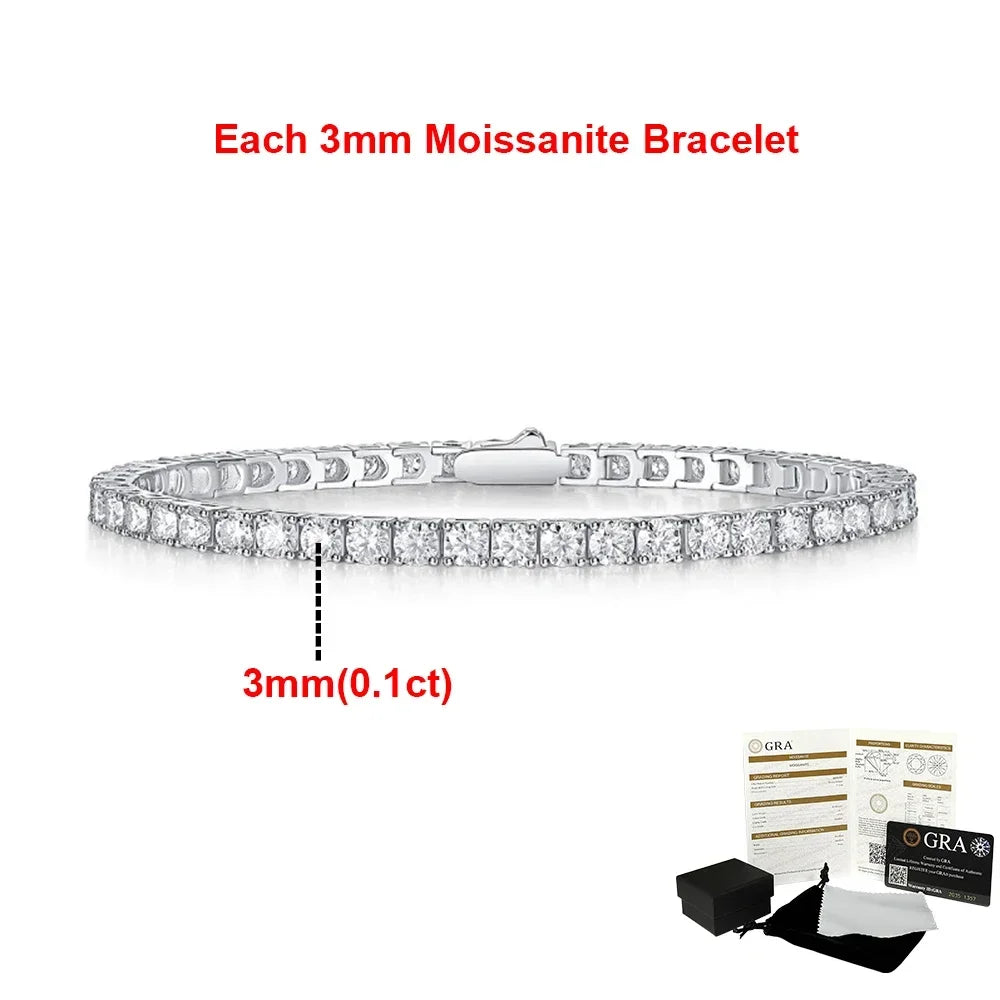 2-6.5mm Real Moissanite Tennis Bracelets for Women Man 925 Sterling Silver Plated White Gold Bracelet Sparkling Wedding Jewelry