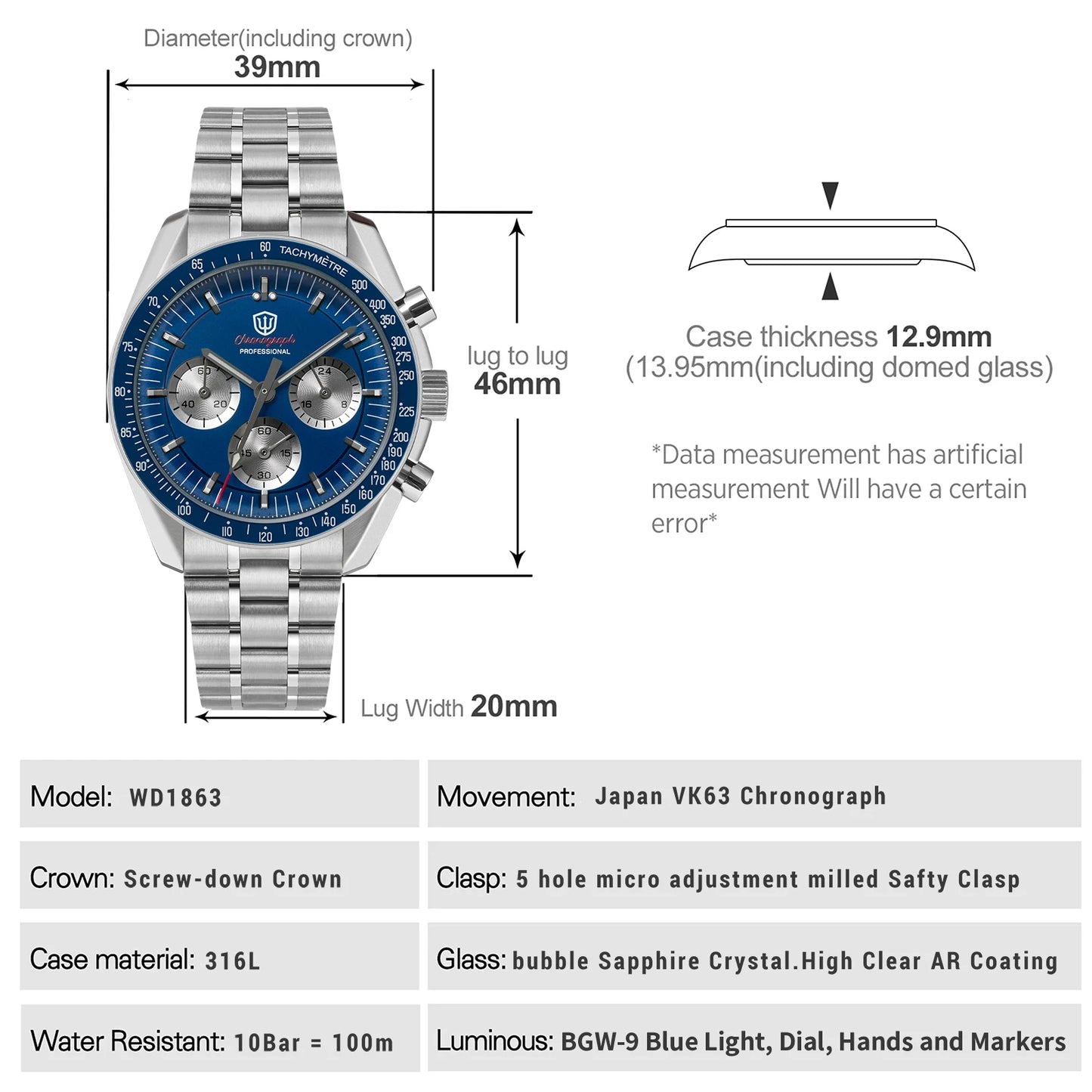 Watchdives New WD1863 Watch VK63 Chronograph Movement Aluminum Bezel BGW9 Luminous Bubble Sapphire Crystal 39mm Vintage Watches