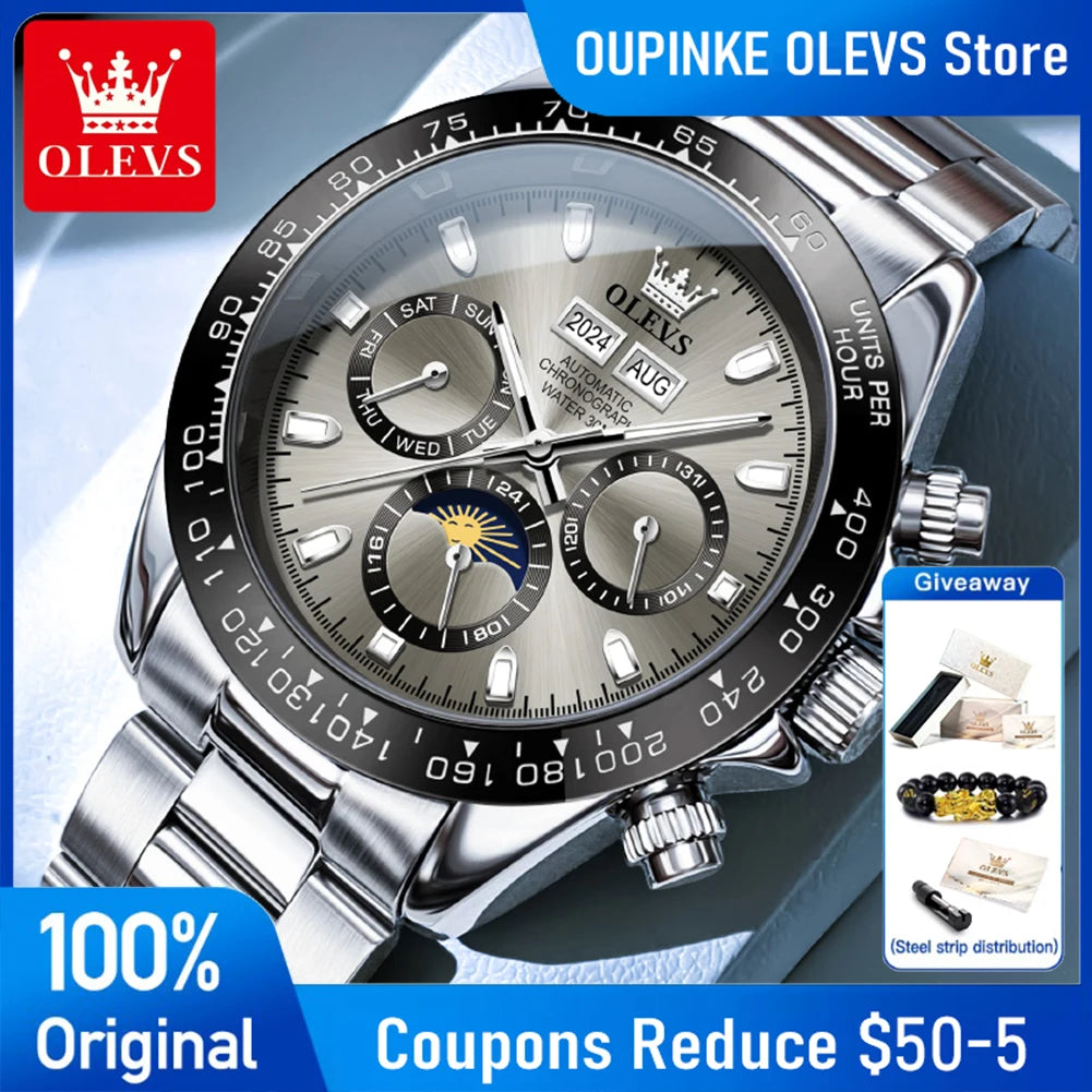 OLEVS 6654 Luxury Sports Mens Watch Original Automatic Mechanical Watch Moon Phase Calendar Week Watches For Man Gifts Reloj