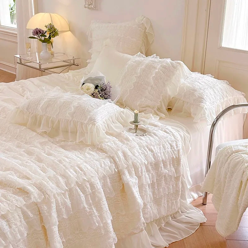 100%Eucalyptus Lyocell Cream White Lace Soft Silky Textured Wrinkle-Free Summer comforter Blanket 1Pc Flat sheet 2Pillow shams