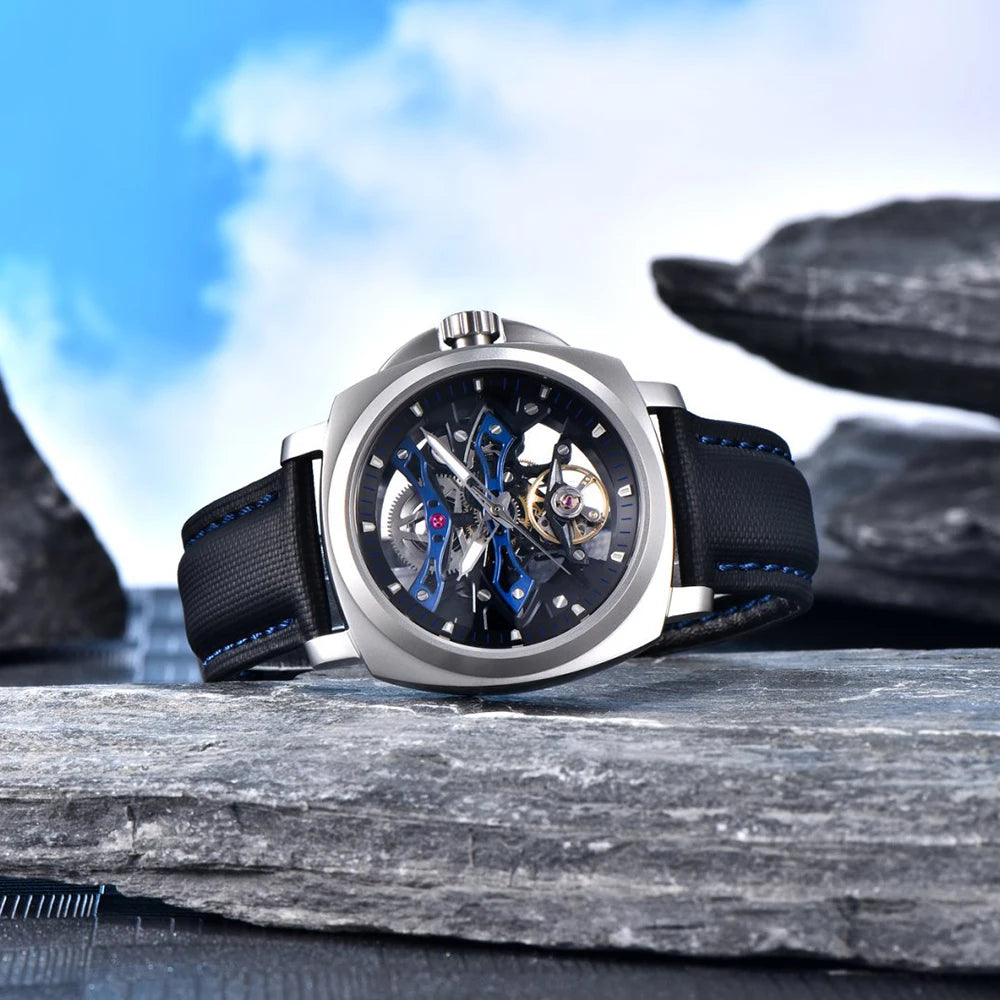 PAGANI DESIGN Herren Sportuhr, mechanische Automatik, quadratisches Design, Leder, wasserdicht, leuchtend, Geschenkidee für Feste, Herrenuhr + Box