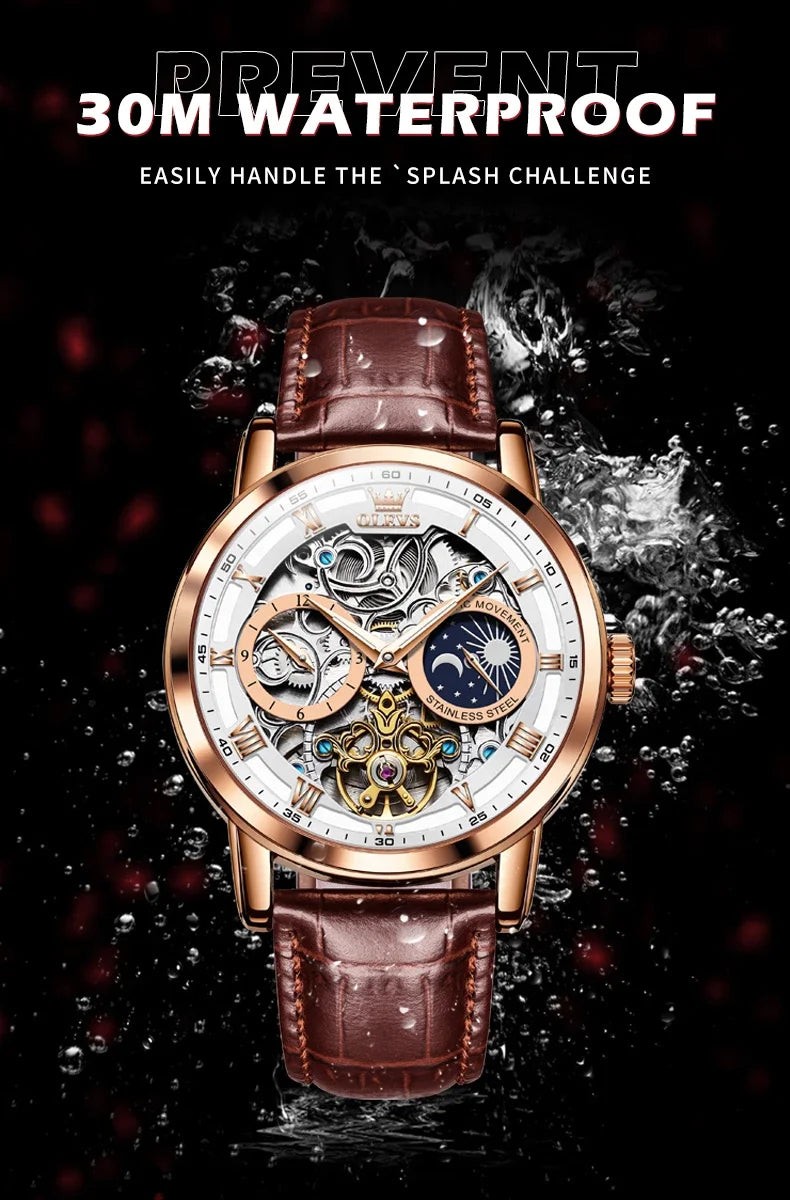 OLEVS 6670 Mechanical Fashion Watch Genuine Leather Watchband Round-dial Moon Phase Month Display