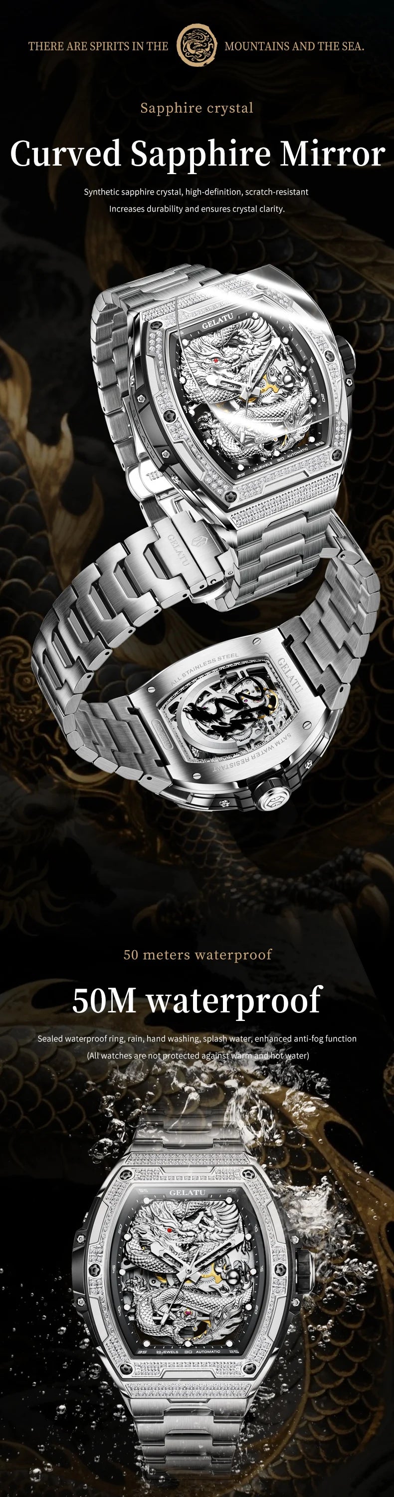 GELATU 6021 Men's Watch Fashion Automatic Mechanical Watch For Men Hollow Waterproof Luminous Dragon Dial Luxury Man Wristwatch