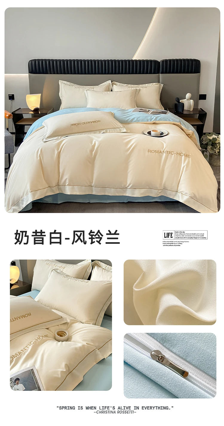 1 Set Cotton Bedding Set with Duvet Cover Bed Sheet Pillowcase Luxury  Bedsheet Solid Color King Queen Full Twin Size