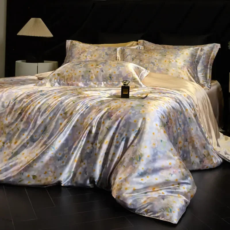 100% Natural Mulberry Silk Fitted Sheet Bedding Sets 3D Printed Satin Cooling Quilt Cover Set for Summer Single Double Bed Kit