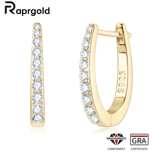 RAPRGOLD Certified Round Moissanite Hoop Earrings for Women S925 Sterling Silver U-shaped Earring Girl's Jewelry Gifts oorbellen