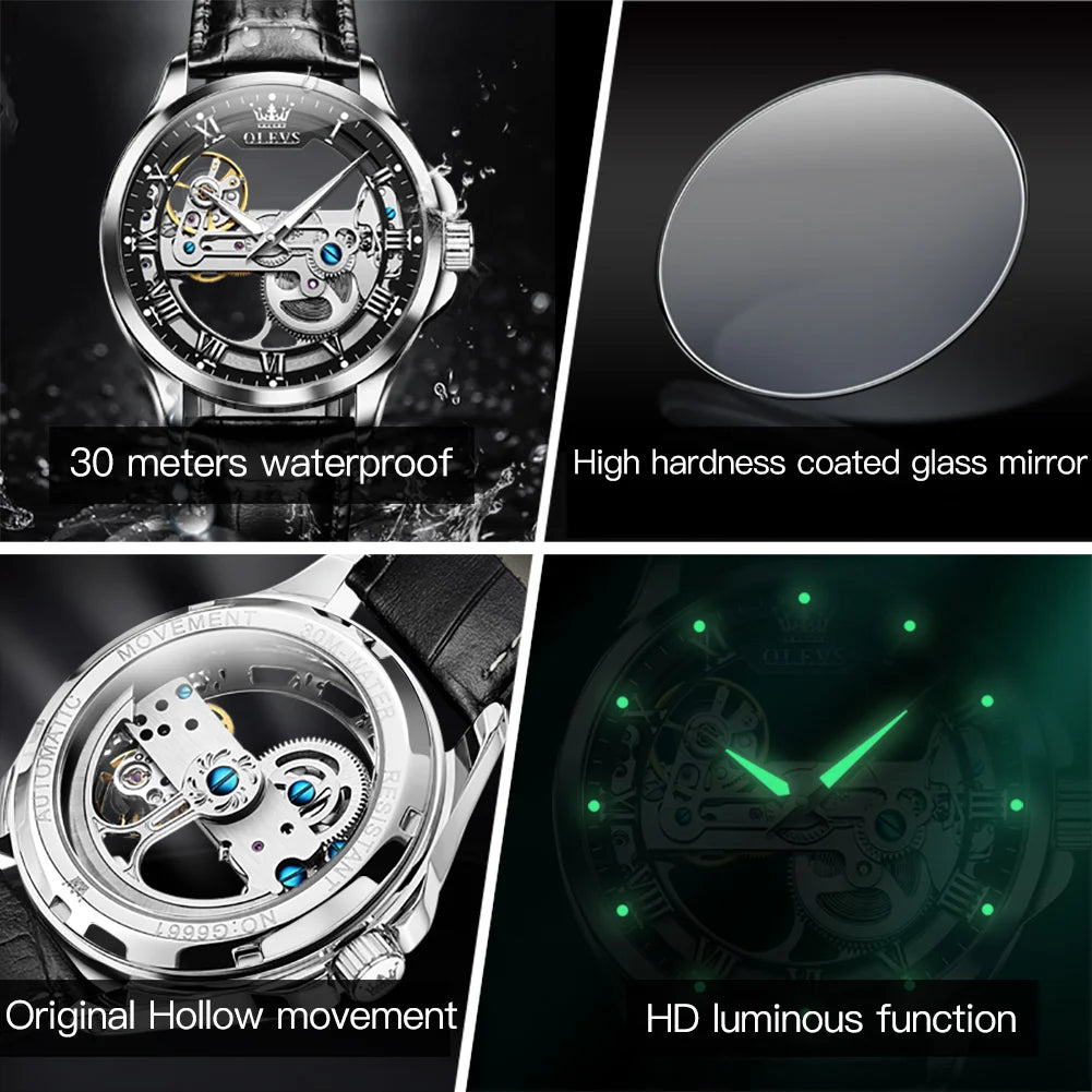OLEVS Trend Fashion Men's Watches Casual Leather Strap Hollow Out Self-winding Movement Original Automatic Mechanical Wristwatch