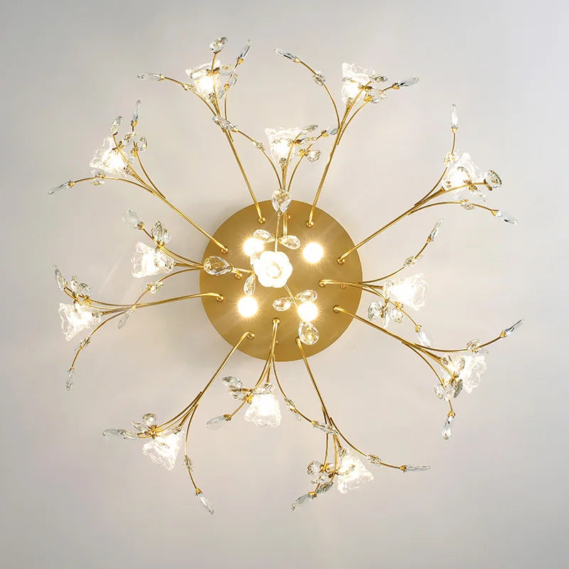 Luxury Crystal Flower Ceiling Light Gold LED Branch Tree Chandelier For Living Room Bedroom Villa Hotel Decor Bedside Wall Lamp