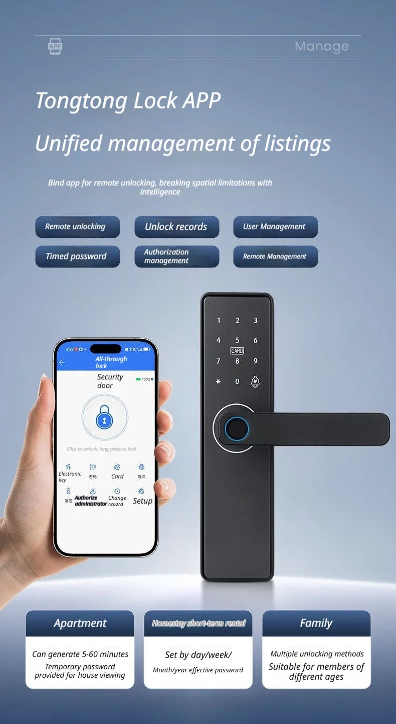 Smart Door Lock No Fingerprint - Password, IC Card & Key Entry. Anti-Theft with High-Decibel Alarm, Anti-EMP (Black Box) Protect