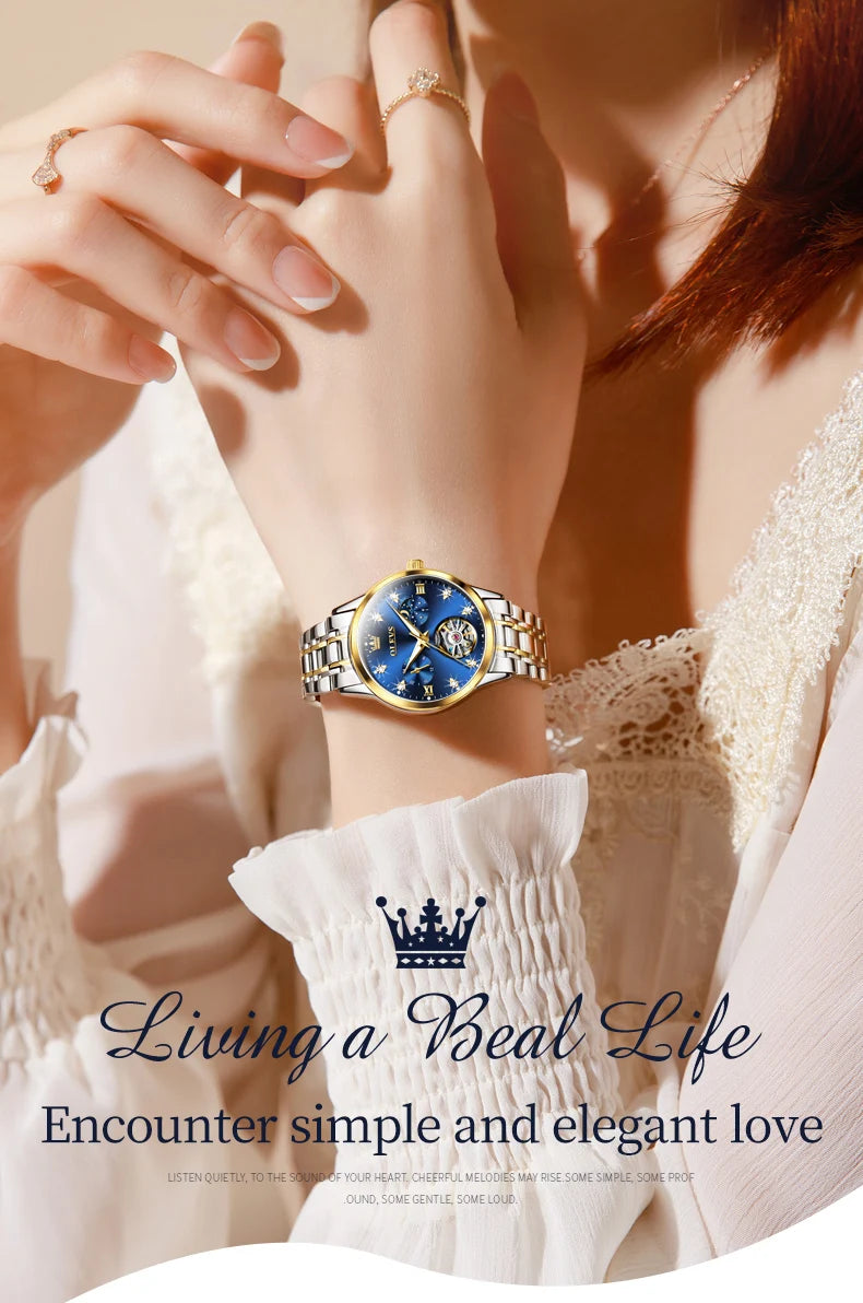 Montre femme OLEVS 6608, automatique, mécanique, étanche, en acier inoxydable, avec calendrier squelette.