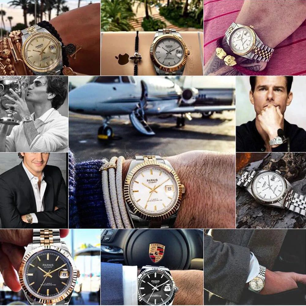 Parnis 36mm Gold Color Luminous Mark Automatic Men's Wristwatch 5 ATM Stainless Steel Jubilee Bracelet