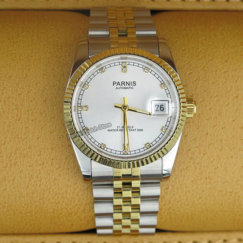 Parnis 36mm Gold Color Luminous Mark Automatic Men's Wristwatch 5 ATM Stainless Steel Jubilee Bracelet