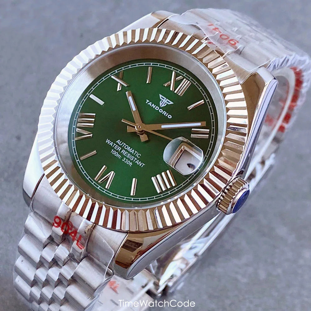 Montre automatique de luxe Tandorio Business pour homme, mouvement NH35A, cadran classique à chiffres romains, lunette cannelée, verre saphir, 36/39 mm