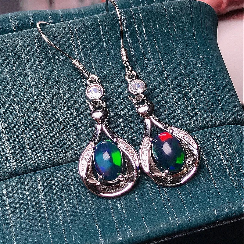 MeiBaPJ 5*7 Natural Black Opal Gemstone England Ear Drop Earrings for Women Real 925 Sterling Silver Charm Fine Wedding Jewelry
