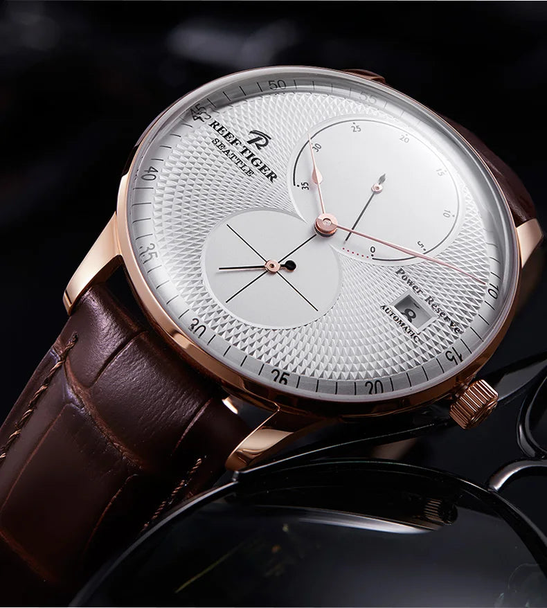 Reef-Tiger /RT Men Luxury Watch Rose Gold Mechanical Watch Brown Leather Strap Analog Watches Relogio Masculino RGA82B0