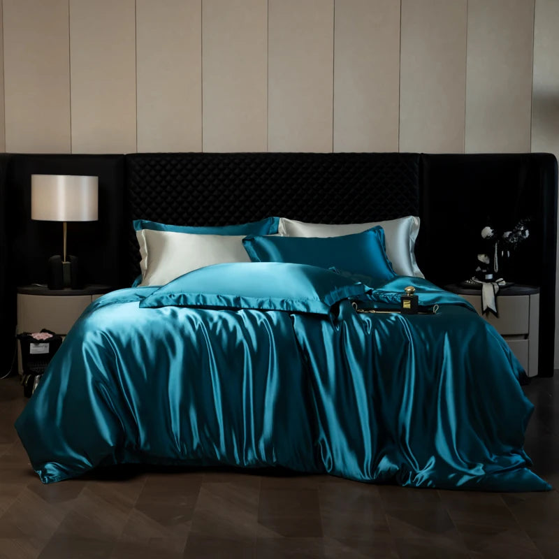 Silk Bed Sheets Set Luxury Bedding Set with Duvet Cover Fitted/Flat Bedheet Pillowcases Mixed with Rayon King Queen Full Twin