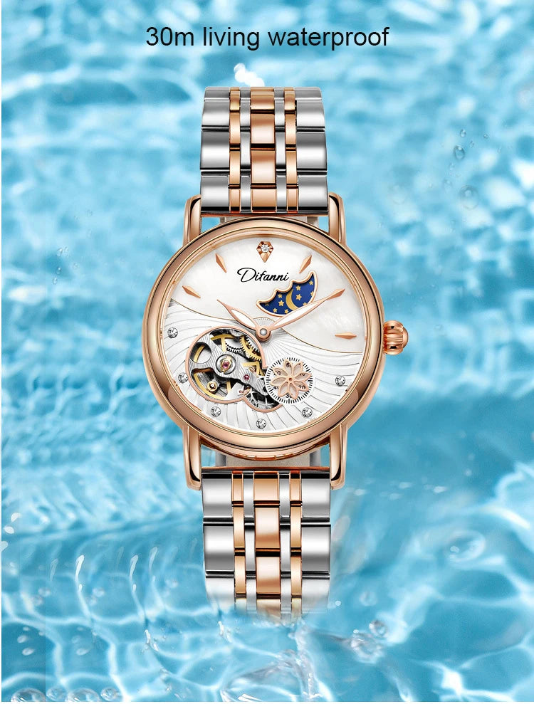 Lady Automatic Mechanical Watches Rotatable Flowers Female Watch Women Brand Luxury Fashion Moon Phase Waterproof Luminous Clock