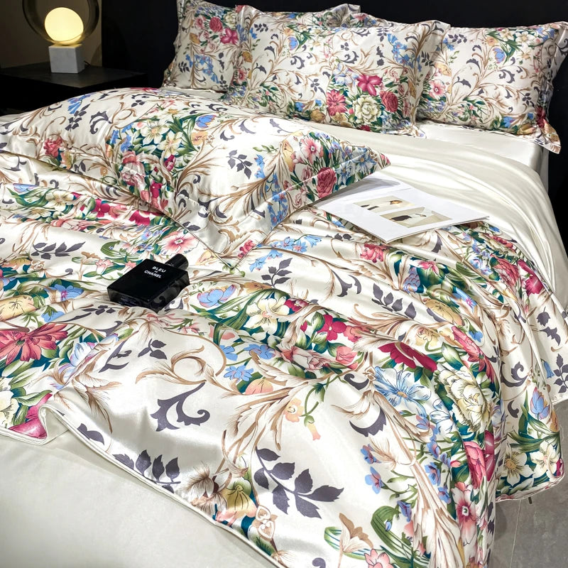 2025 new high-end luxury silky Sleeping naked digital printing washed silk style Bedding Set Duvet Cover Bed Sheet Pillowcases
