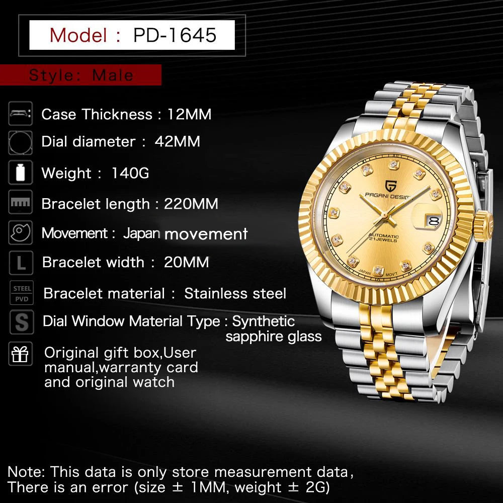 PAGANI DESIGN Top Brand New Automatic Mechanical Watch 316L Stainless Steel 100M WaterproofBusiness Style Luxury watches for man