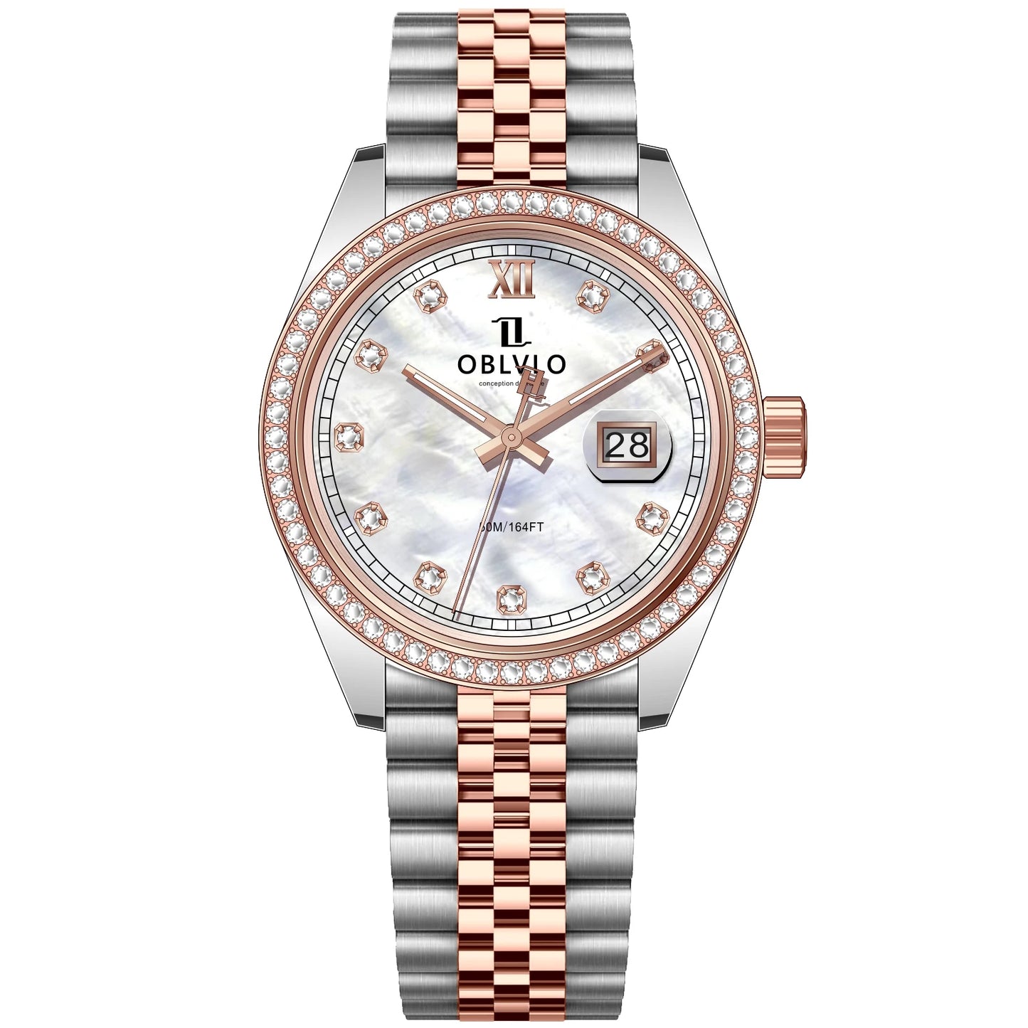 OBLVLO Men's Elegant Diamonds Bezel Two Tone Bracelet Quartz Watch with Date Fashion MOP Dial Business Watches for Men RX-PE-D