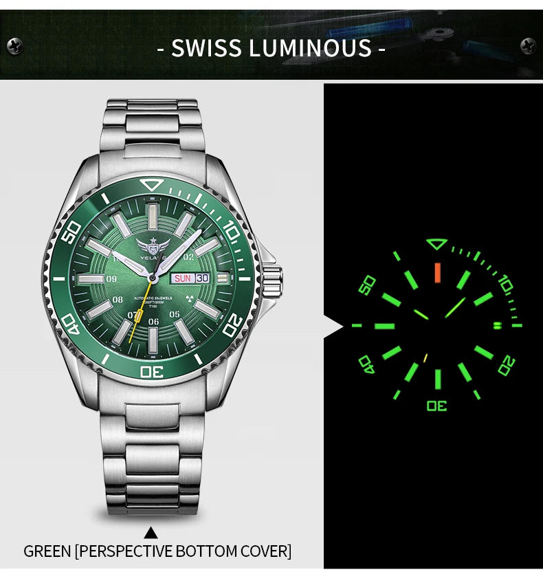 YELANG Automatic Mens Green Water Ghost Watches H3 T100 Self Luminous Wristwatch Waterproof 300m Turning Ceramic Bezel V1032