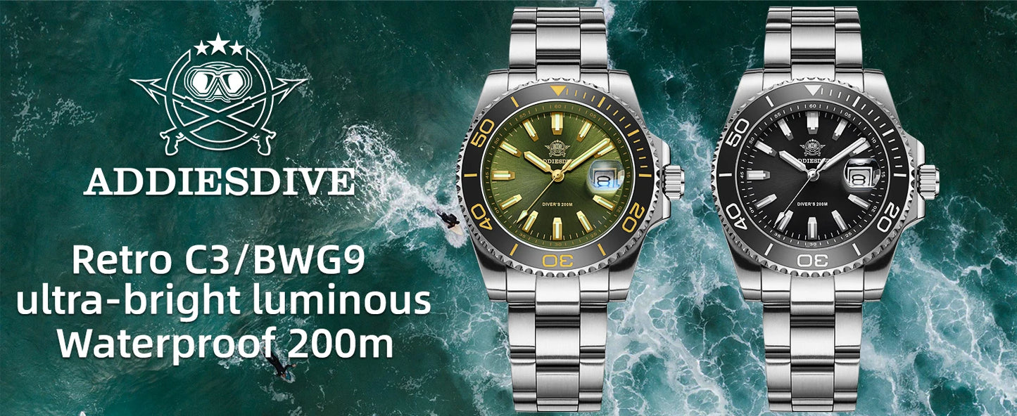 ADDIESDIVE New AD2510 Luxury Men's Diving Watch 41mm BGW9 Luminous Enamel Dial Screw-down Crown Durable Stainless Steel Strap