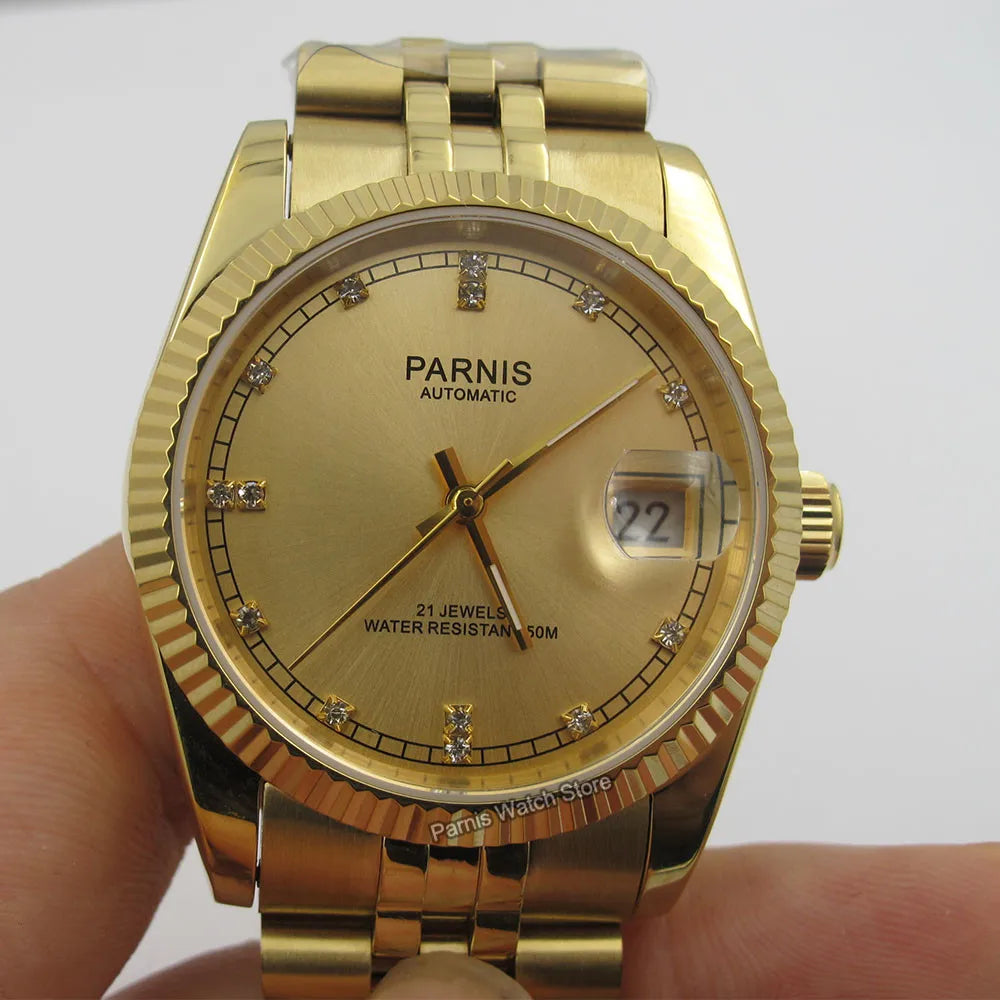 Parnis 36mm Gold Color Luminous Mark Automatic Men's Wristwatch 5 ATM Stainless Steel Jubilee Bracelet