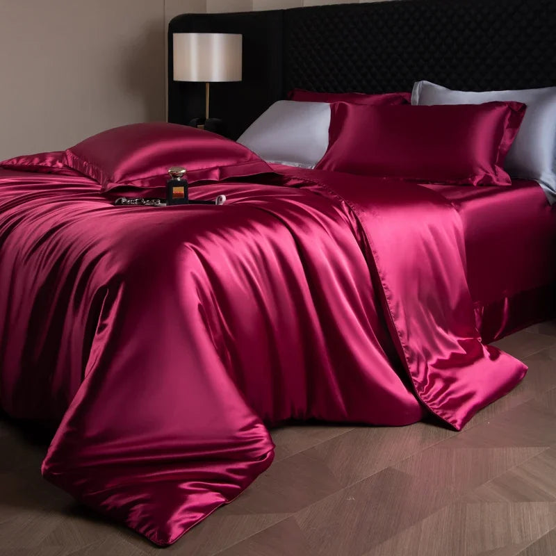 Silk Bed Sheets Set Luxury Bedding Set with Duvet Cover Fitted/Flat Bedheet Pillowcases Mixed with Rayon King Queen Full Twin