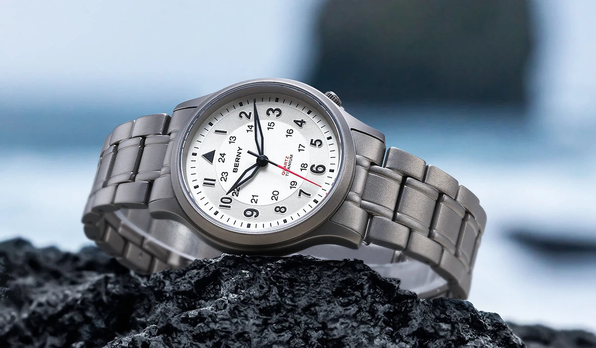 BERNY Full Titanium Watches for Men Outdoor Quartz Men's Field Pilot Wristwatch VH31 Super Luminous Sapphire Easy Read Watch