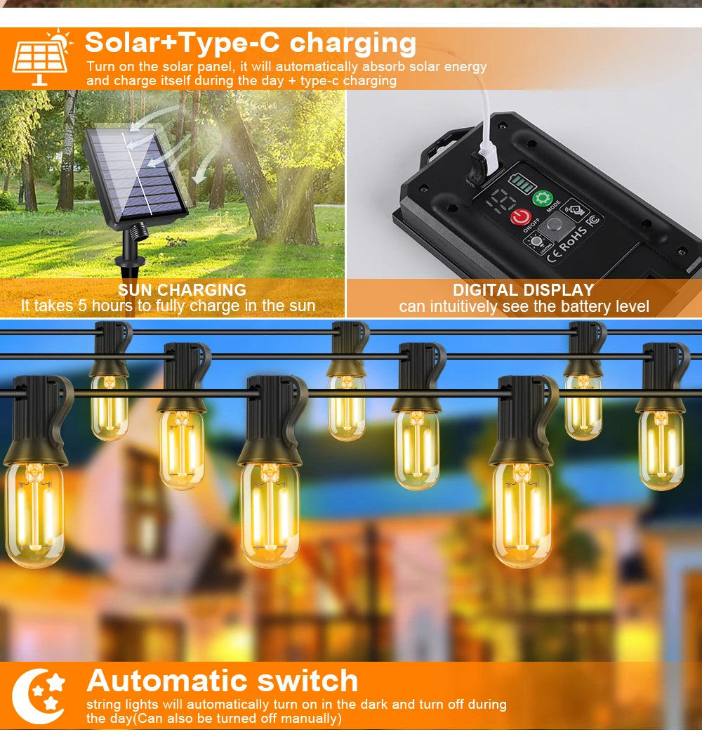 Solar String Light Outdoor Waterproof T22 Bulbs LED Solar Powered Patio Lights for Outside Porch Backyard Bistro Garden Market