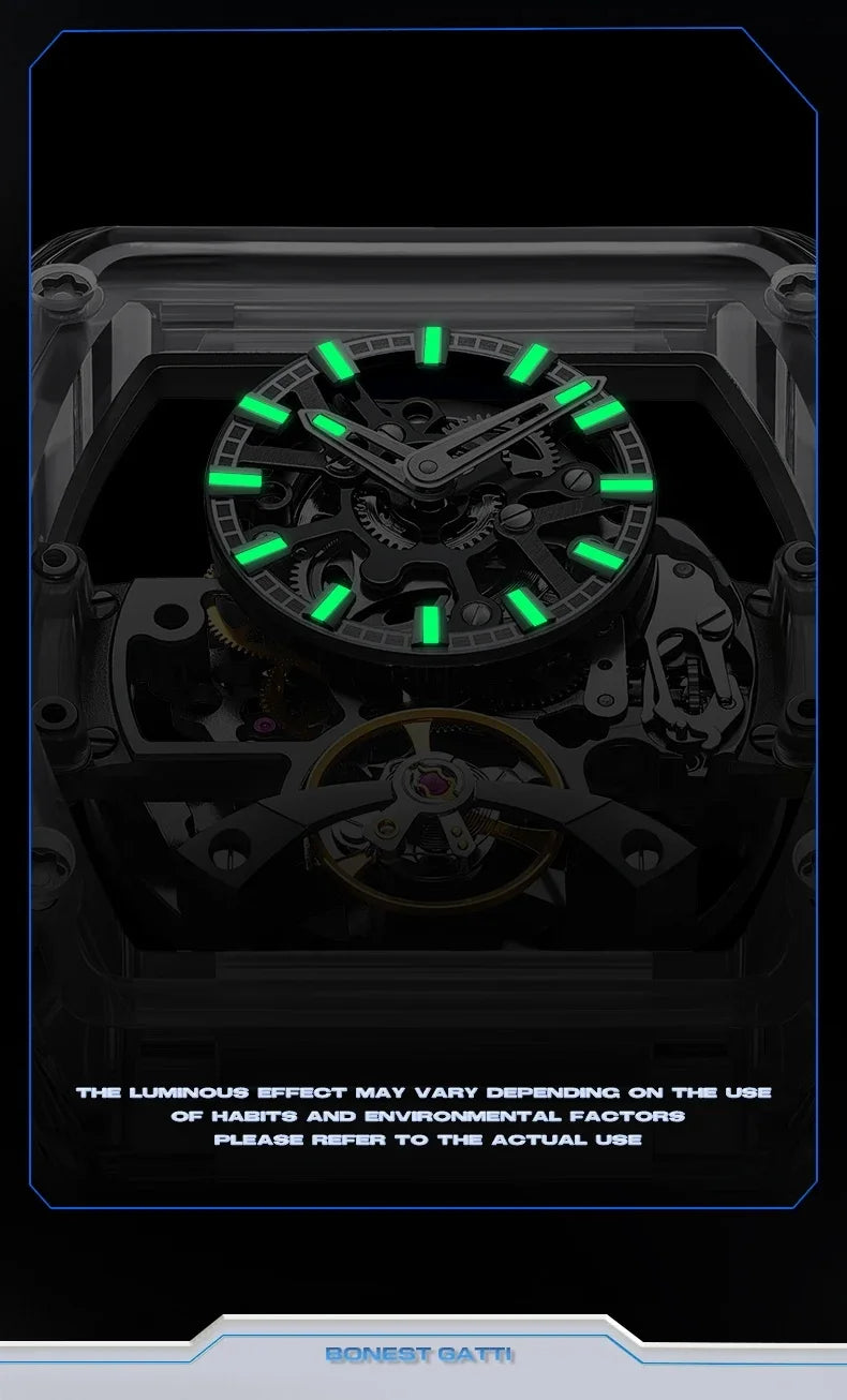 BONEST GATTI 2025 New Men Automatic Watch Tonneau Mechanical Wristwatch Acylic Case Sapphire Lume Hollow Out Dial Fluororubber