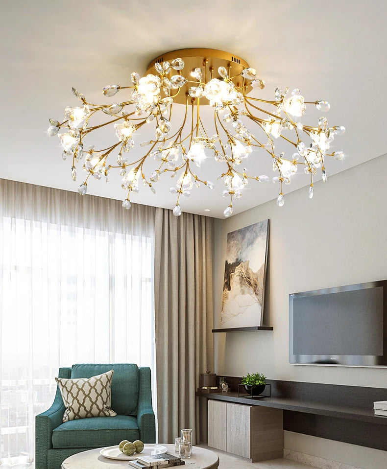 Luxury Crystal Flower Ceiling Light Gold LED Branch Tree Chandelier For Living Room Bedroom Villa Hotel Decor Bedside Wall Lamp