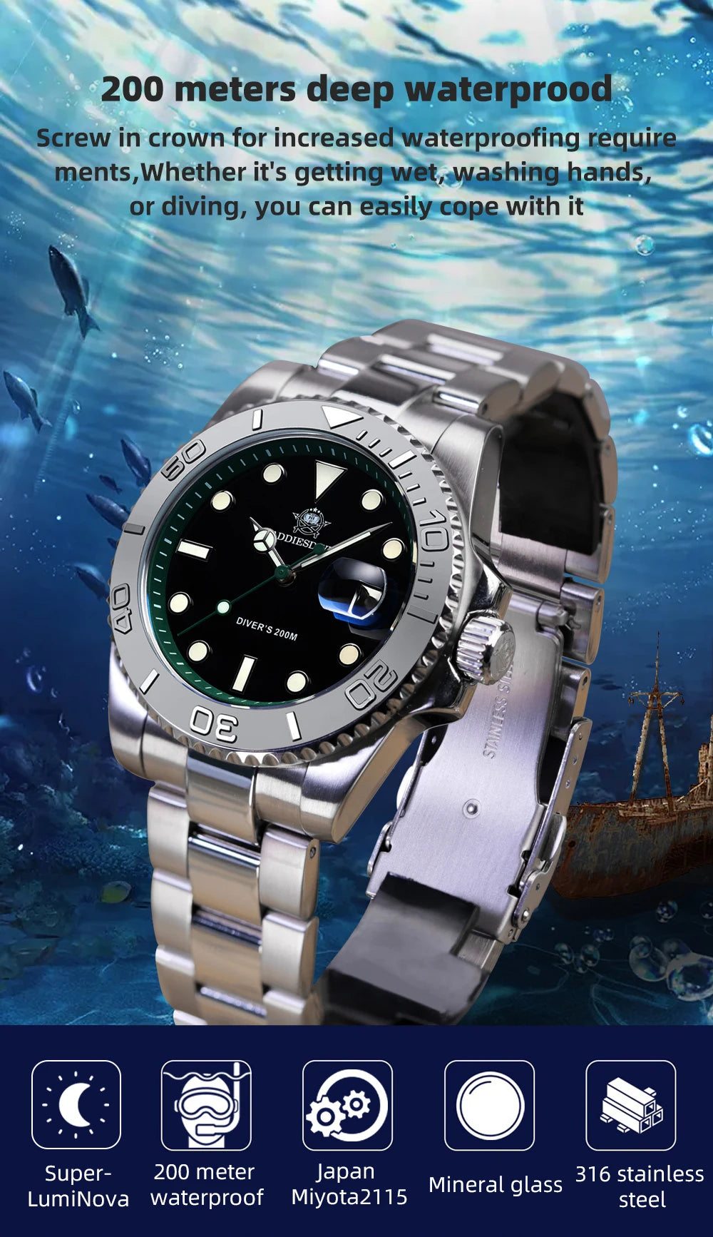 ADDIESDIVE 41mm Japan2115 Men's Quartz Watch 200m Waterproof Wristwatch BGW9 Luminous Ceramic Bezel 316 Steel Man Luxury Watches