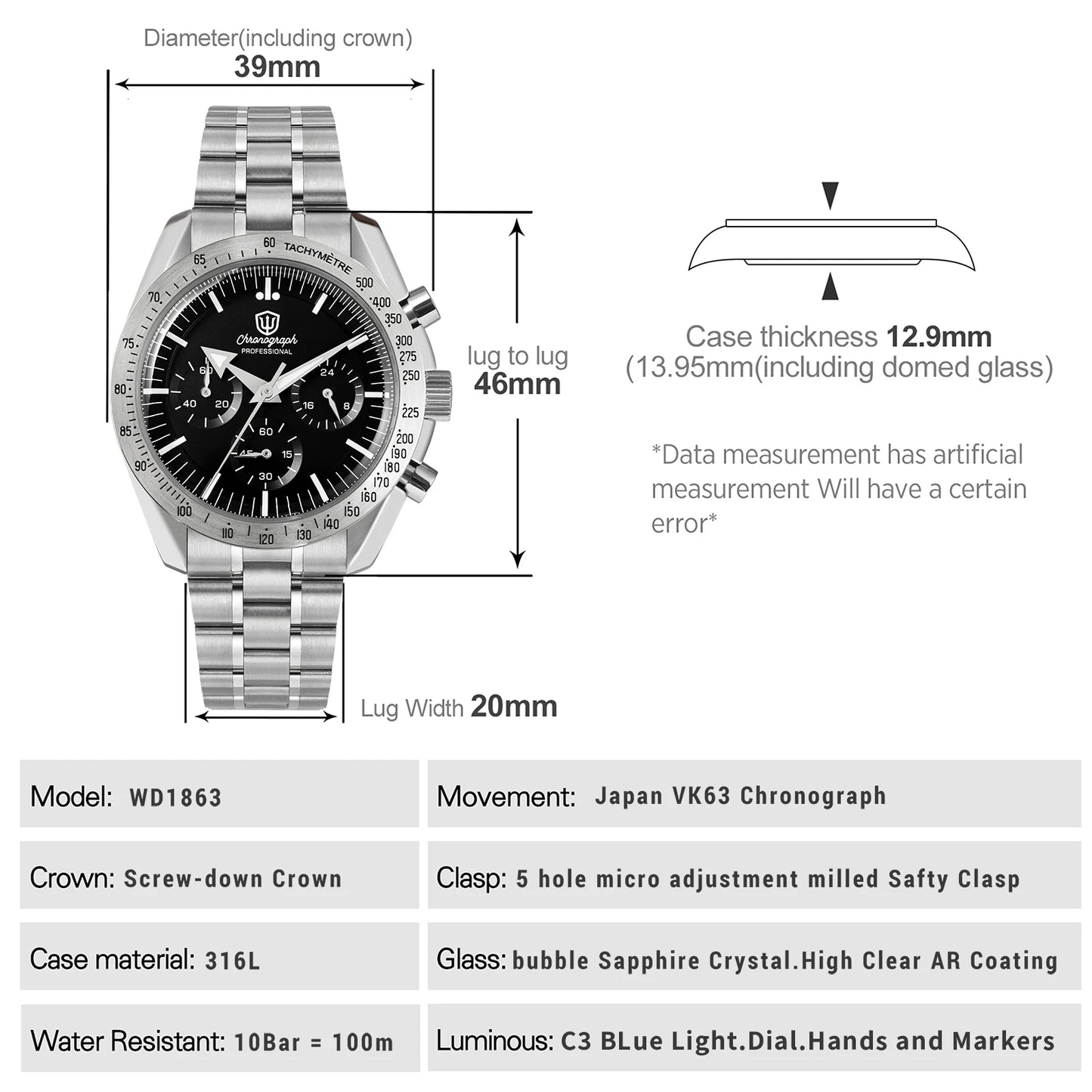 Watchdives New WD1863 Watch VK63 Chronograph Movement Aluminum Bezel BGW9 Luminous Bubble Sapphire Crystal 39mm Vintage Watches