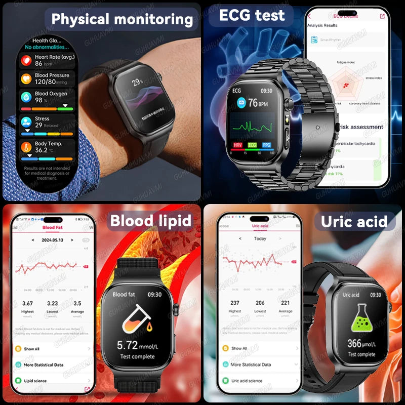 2025 New AI Human Health diagnosis ECG+HRV Smart Watch Blood Pressure Uric acid Blood lipid Bluetooth Call Smartwatch Men Women