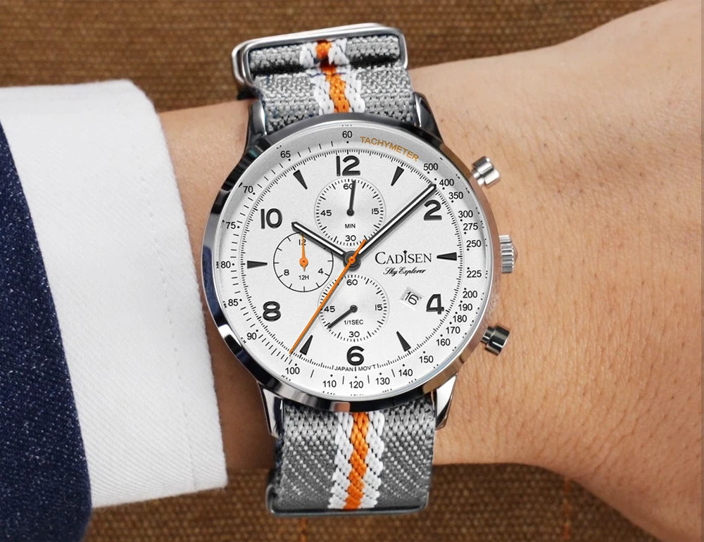 CADISEN New Men's Watches Top Luxury Quartz Watch For Men Canvas 0S10 Chronograph AR Mirror Waterproof Gift Men's Wristwatch