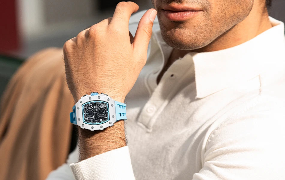 TSAR BOMBA Resin Watch for Men Tonneau Waterproof Mens Watches Top Brand Luxury Chronograph Sport Male White Wristwatches
