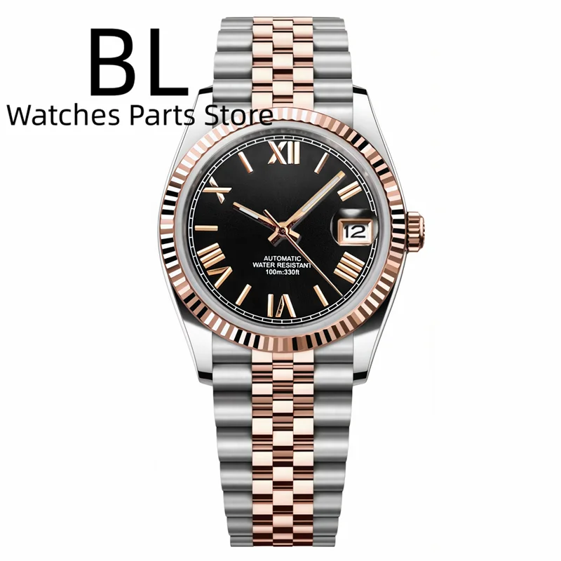 BLIGER 36mm39mm Two-tone Rose Gold Black Dial Watch For Men Date Fluted Bezel Sapphire Glass Rose Roman Index Jubille Bracelet