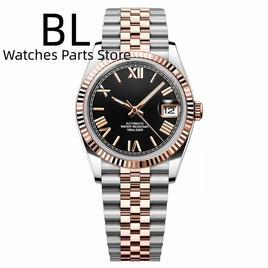 BLIGER 36mm39mm Two-tone Rose Gold Black Dial Watch For Men Date Fluted Bezel Sapphire Glass Rose Roman Index Jubille Bracelet