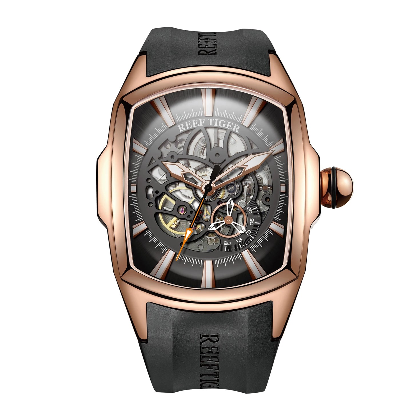 Reef Tiger Men's 316L Stainless Steel Skeleton Automatic Watch Wine Barrel Hollow Waterproof Mechanical Sport Watches RGA3069-S