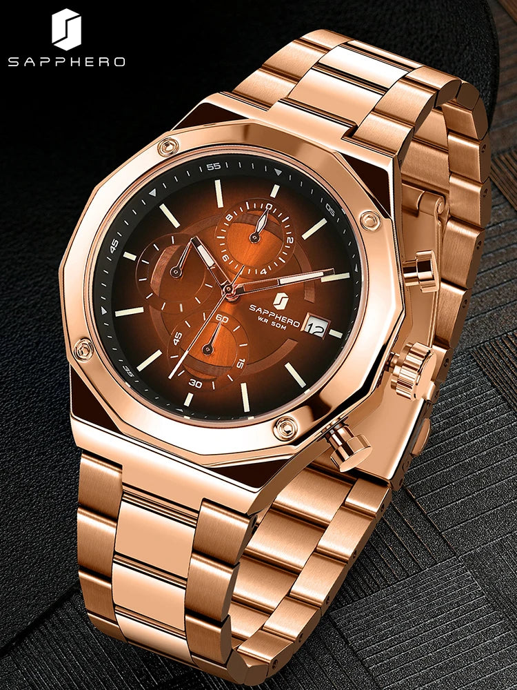 SAPPHERO Rose gold Watch Mens Watch Luxury  Stainless Steel Quartz Watch Business Waterproof Luminous Calendar Wristwatch Gift